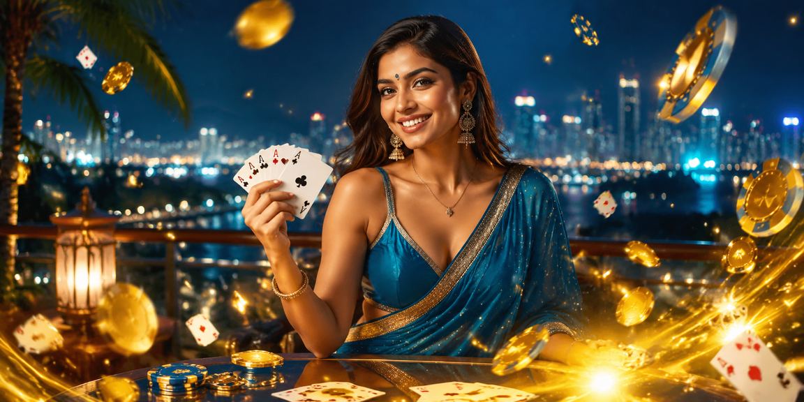 Woman playing rummy on mobile device with traditional saree in Kerala
