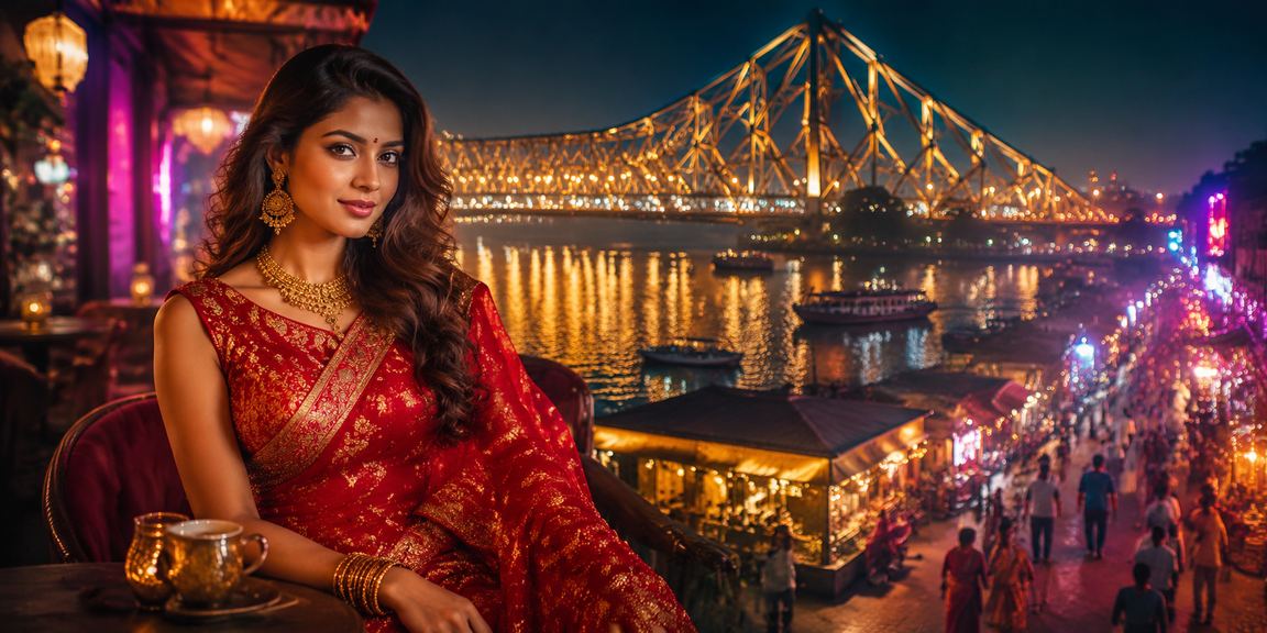 VIP player placing cricket bets beside Kolkata Howrah Bridge in traditional saree