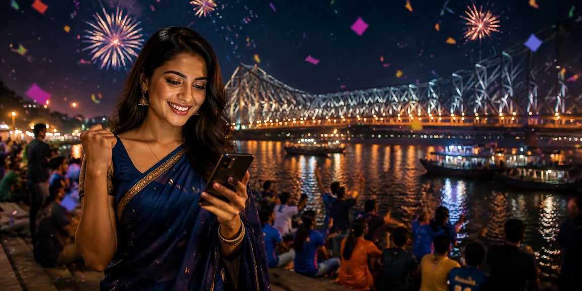 Player enjoying mobile online casino experience in Kolkata with Howrah Bridge
